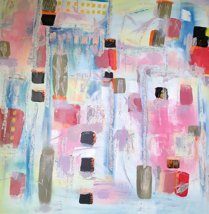 Mixed media, acrylics and collage on canvas.