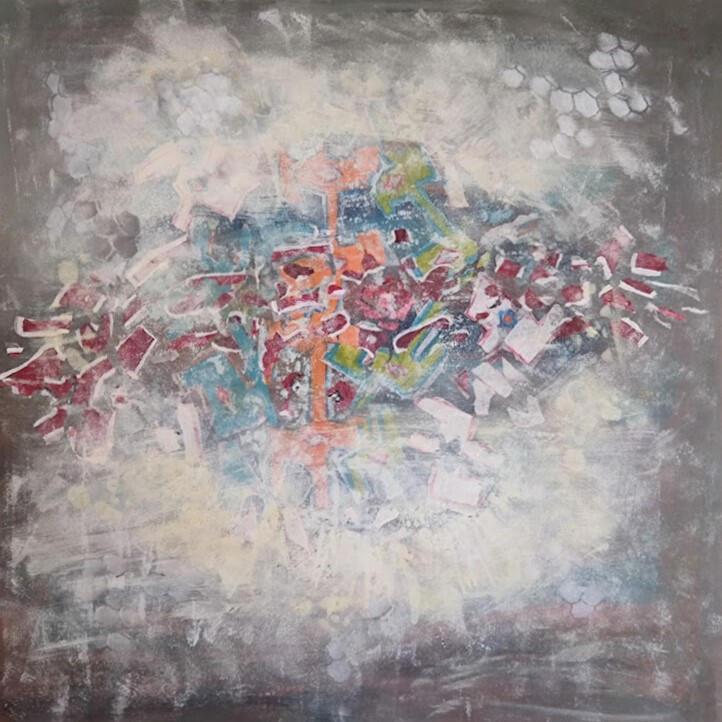 Mixed media, acrylics and collage on canvas.