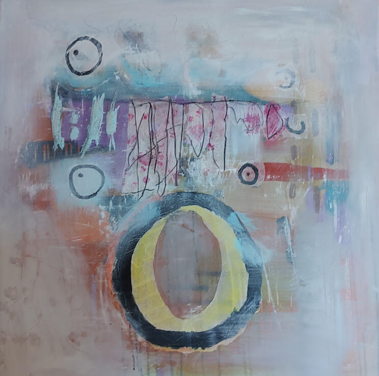 Mixed media, acrylics and collage on canvas. 80x80