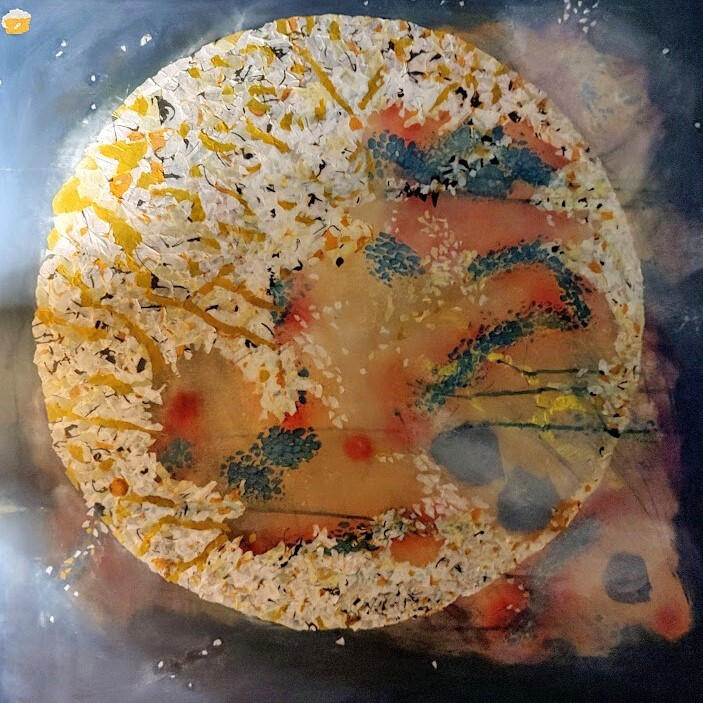 Mixed media, acrylics and collage on canvas. 100x100